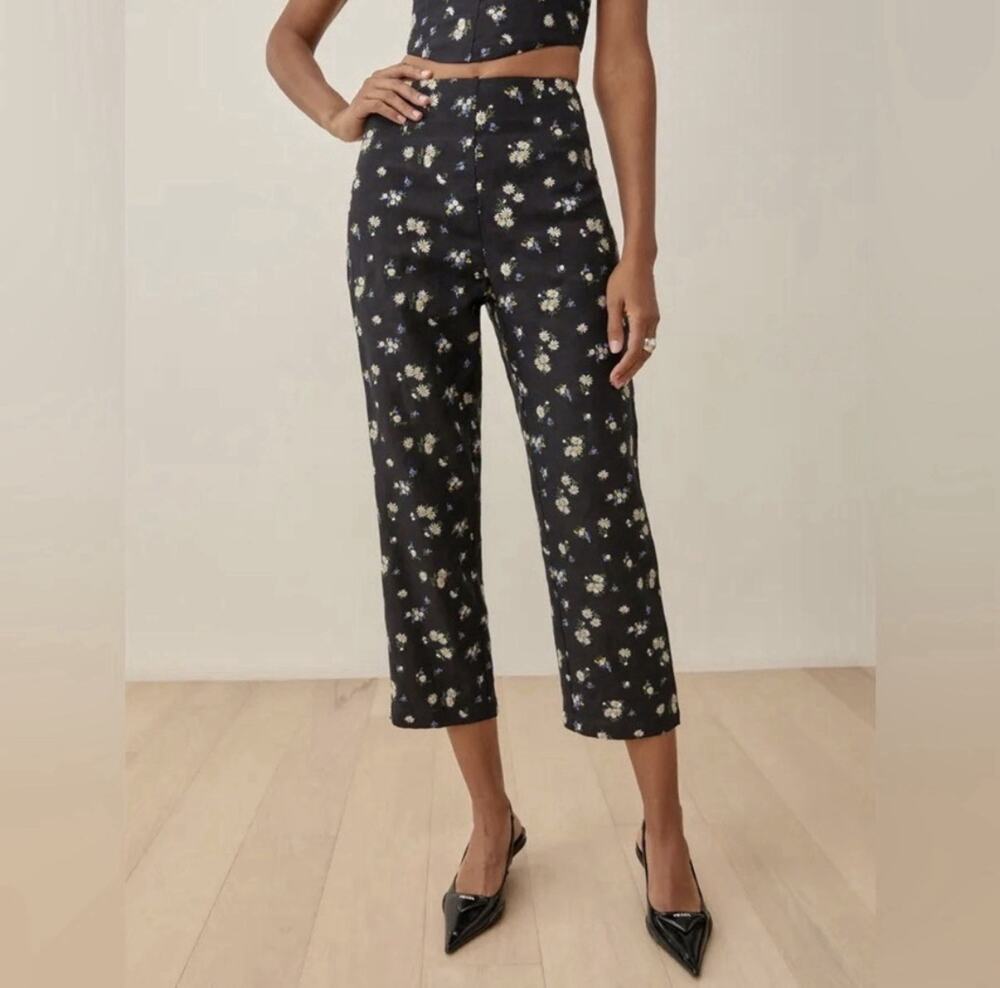 Reformation Black Floral Embroidery High Rise Pinegrove Crop Linen Pants - 2